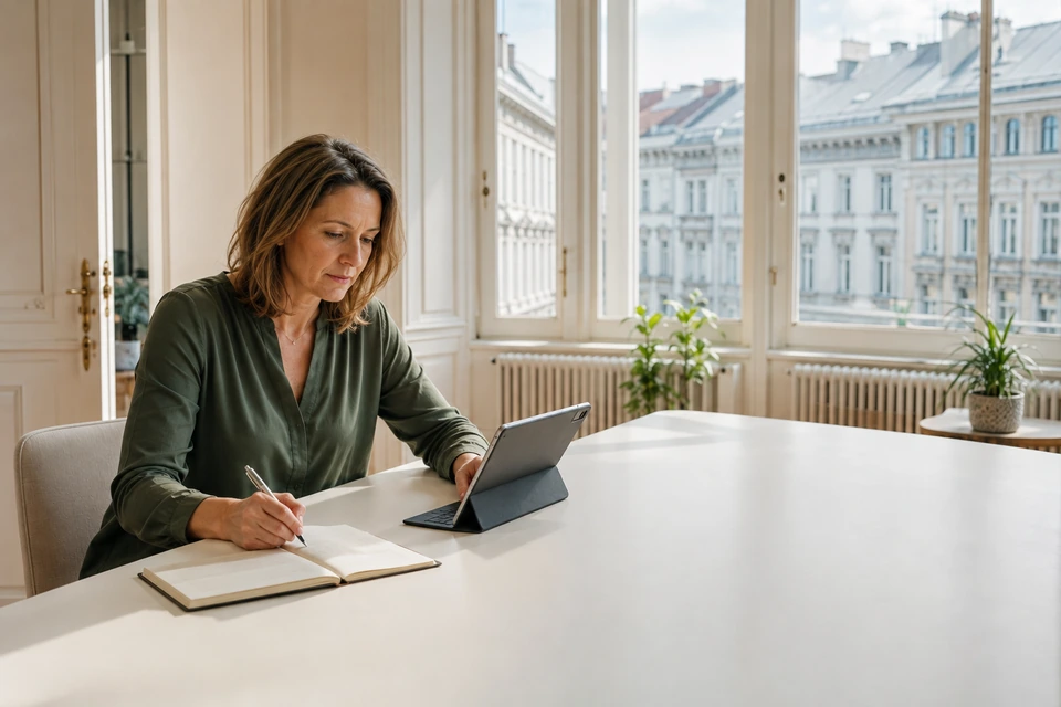 Frau macht Notizen neben einem Tablet am Fenster